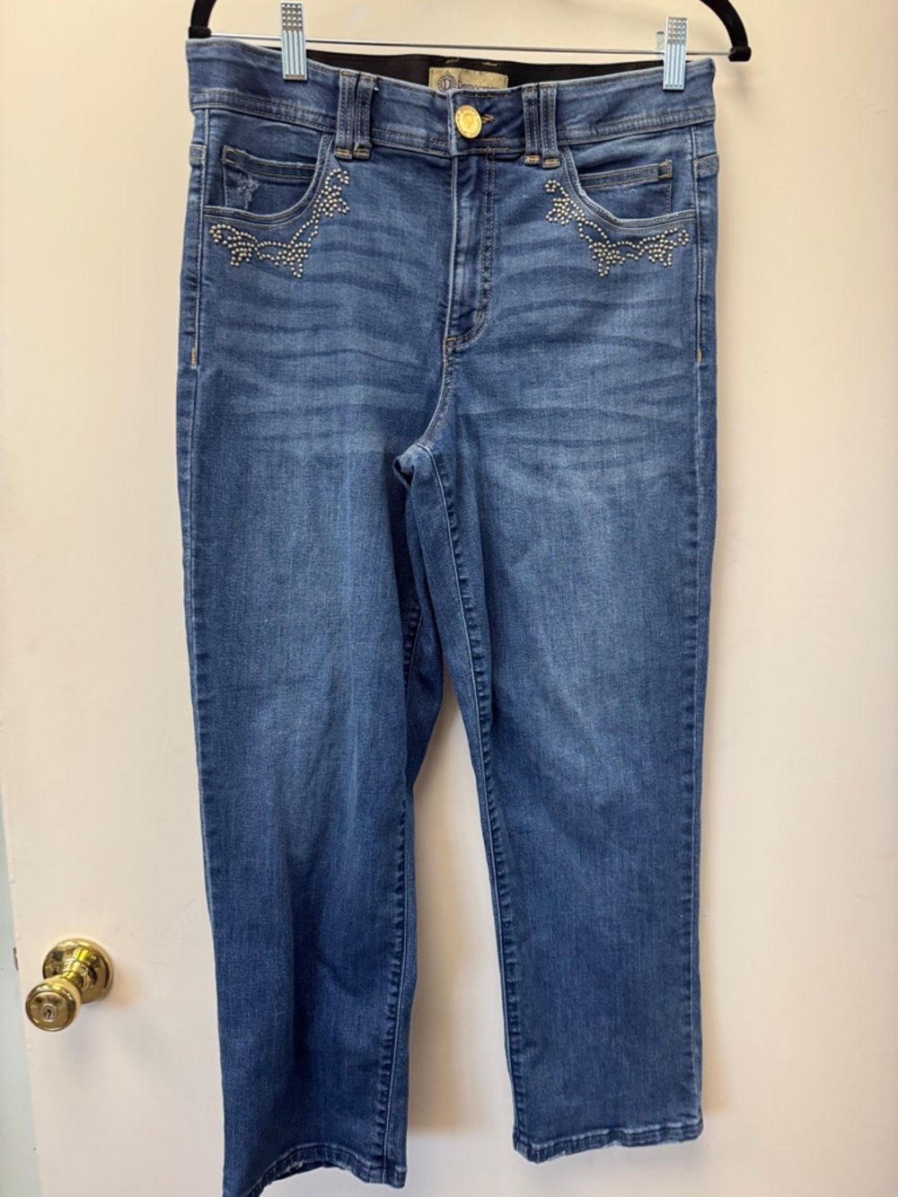 Democracy Mid Blue Straight Leg Jeans with Studded Pocket Detail